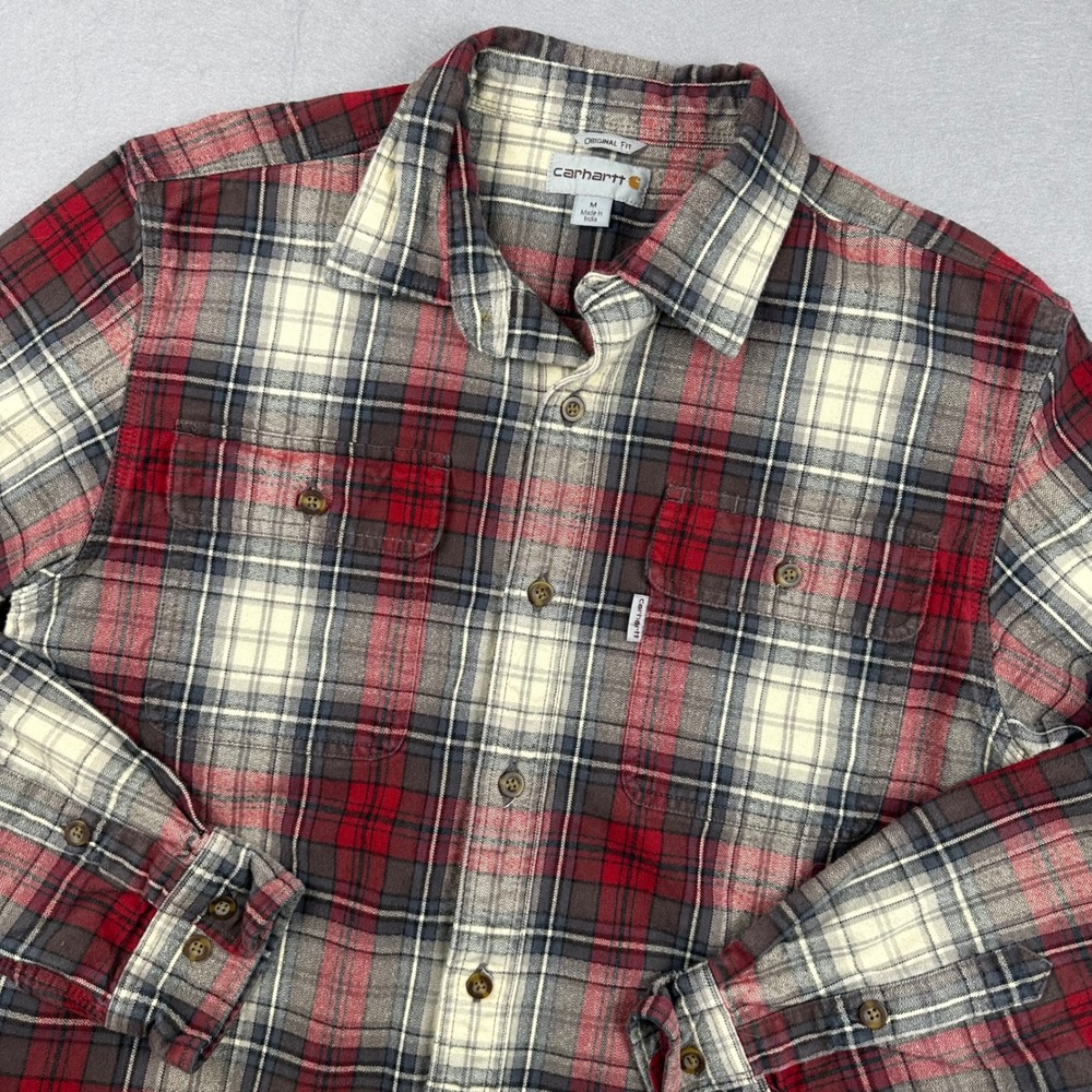 Carhartt Mens Hubbard Plaid Flannel Shirt Red White Original Fit 101749 Medium